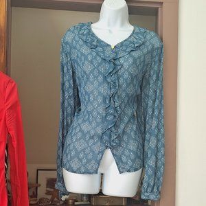 Liz Claiborne LIZWEAR JEANS Blue Paisley Sheer Blouse Long Sleeve